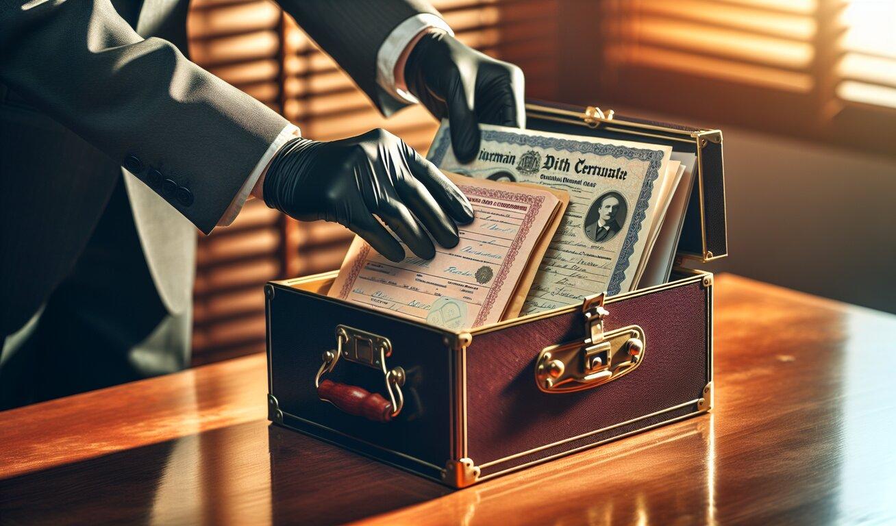 Hands in black gloves handling documents including a birth certificate from a leather briefcase on a wooden table.