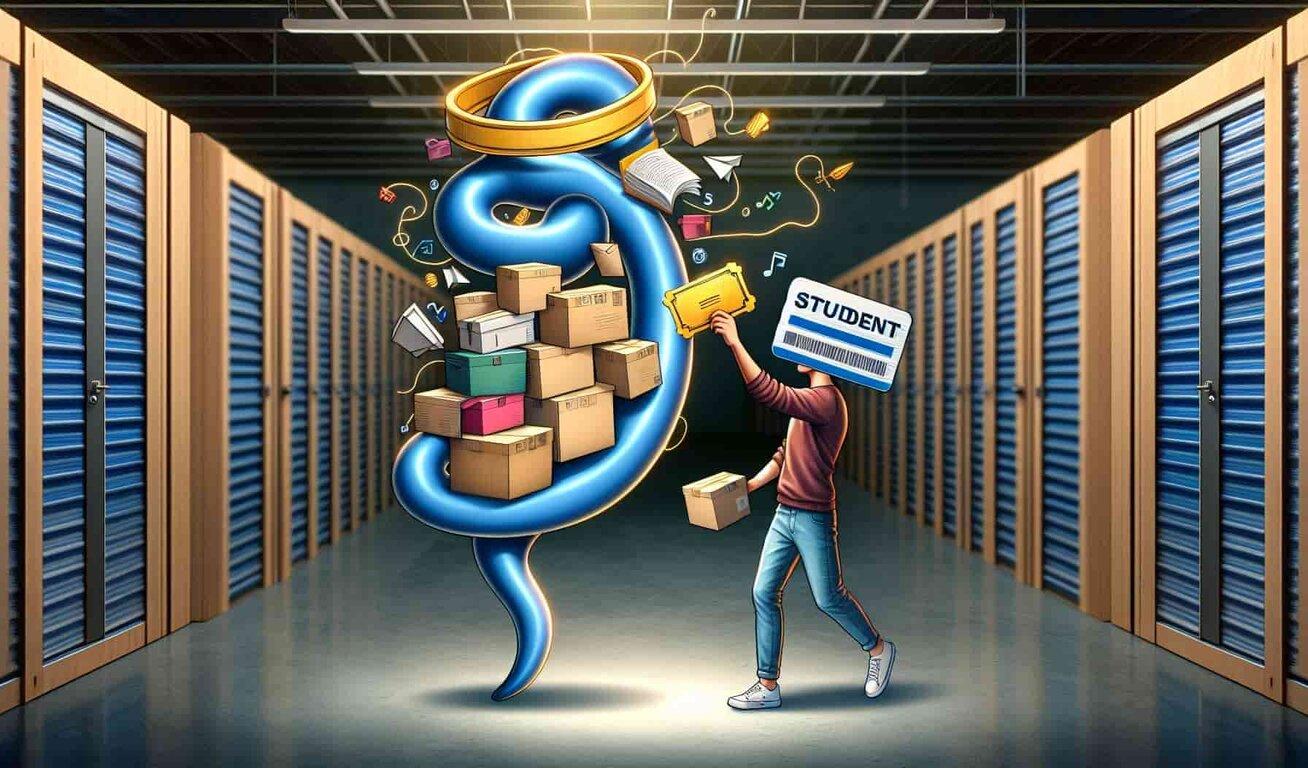 A student in a storage facility, standing with boxes amidst whimsical floating musical notes and a genie-like symbol, indicating convenient and magical storage services.