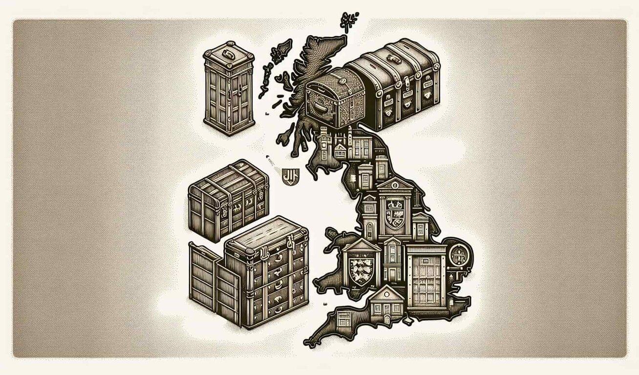 A series of traditional and iconic storage units, chests, and lockers overlaid on a map of the UK, representing nationwide storage options.