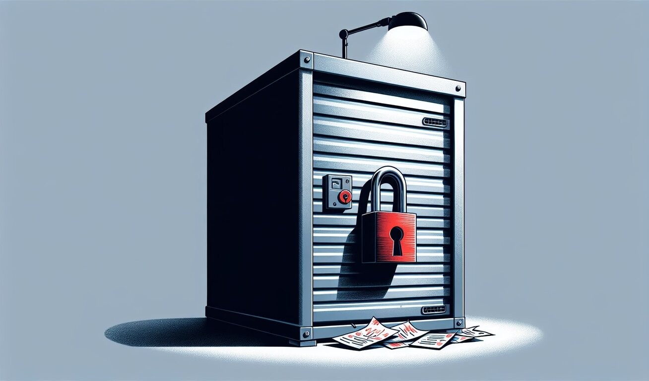 "A graphic image of a storage unit styled as a safe with a padlock and overdue bills scattered on the ground, all against a plain, shadowed background.