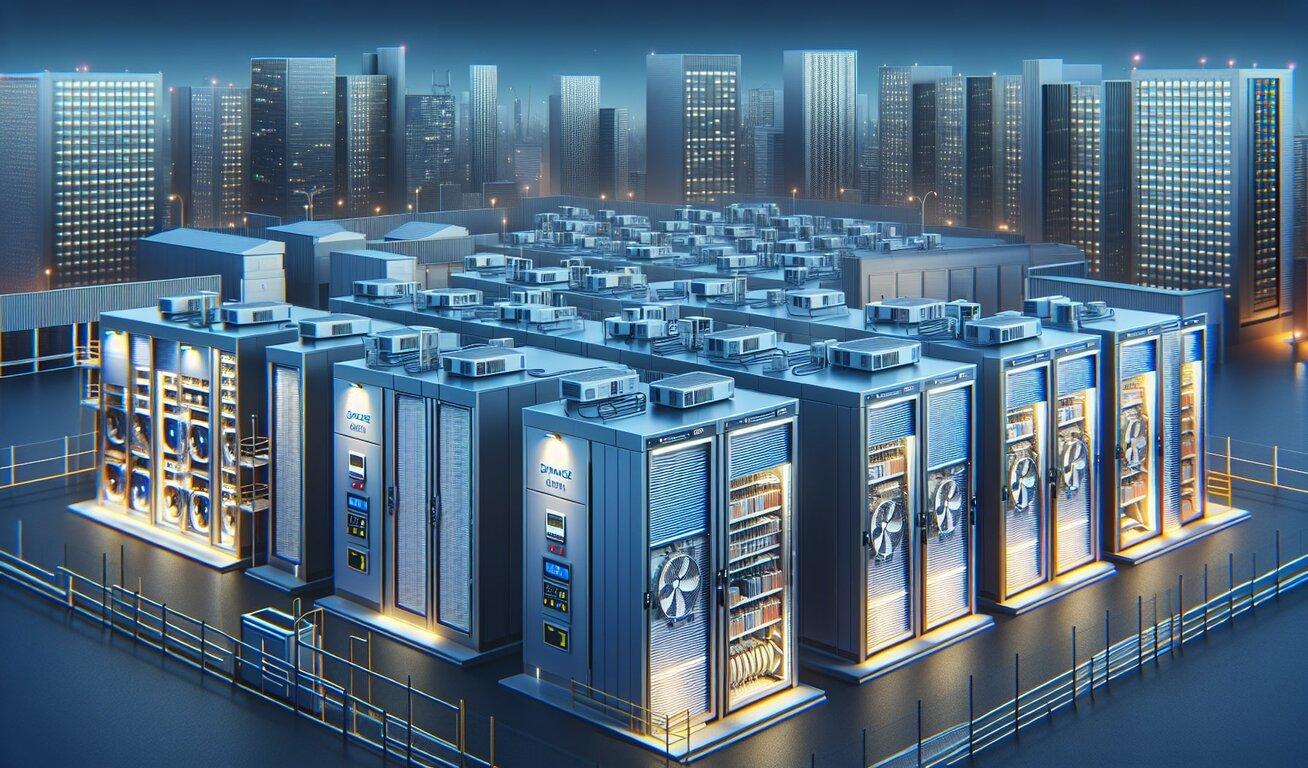 Futuristic cityscape at night with a cluster of data center storage units prominently displayed in the foreground, illuminated by internal lights and external street lamps