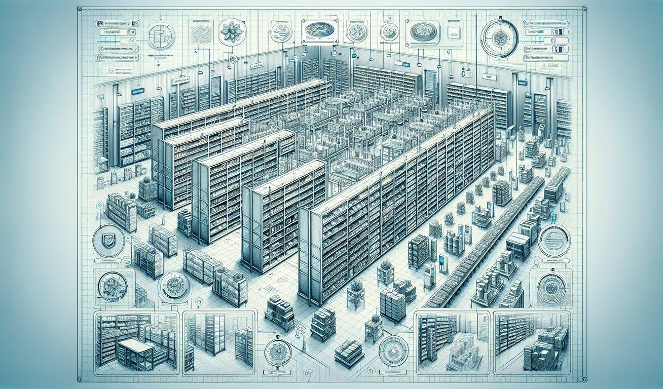 Blueprint-style illustration showing an expansive view of a high-capacity storage facility, detailed with shelving units, boxes, and inventory, including various data charts and facility plans.
