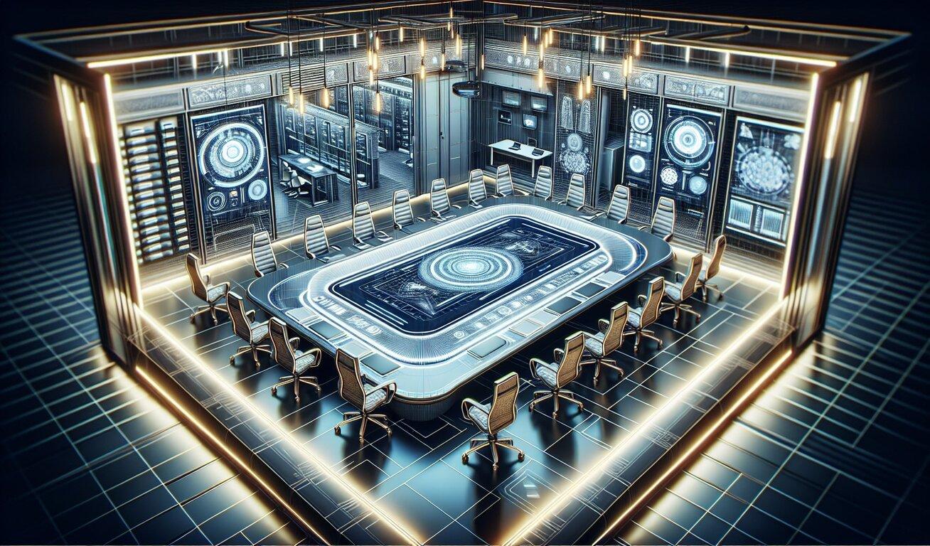 Digital artwork of a high-tech control room with a central holographic table, surrounded by screens displaying data and graphs, in a clean, modern space with illuminated walls.