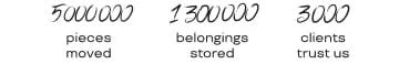 "5000000 pieces moved", "1300000 belongings stored", and "3000 clients trust us".