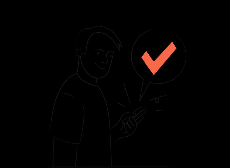 A man holding a smartphone with a check mark in a speech bubble, indicating a completed action or task.