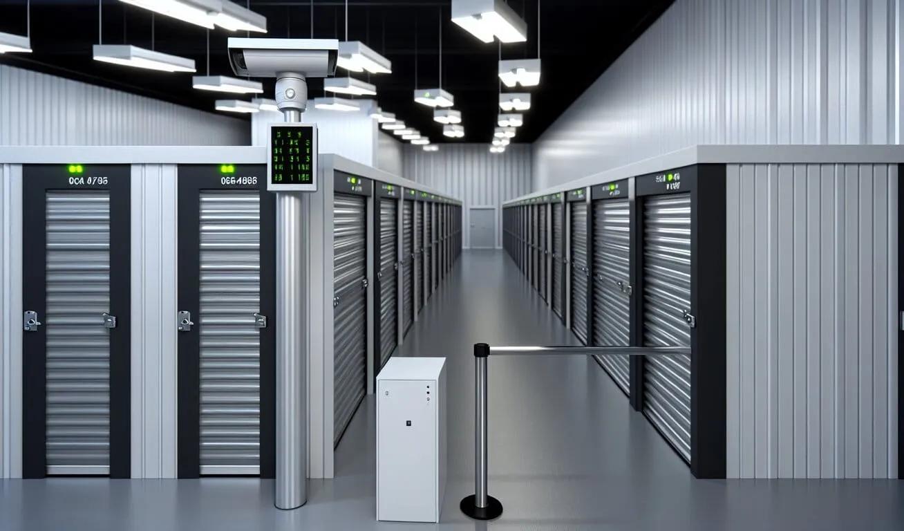 Interior of a secure self-storage facility with a camera overhead and numbered units with keypad access control.