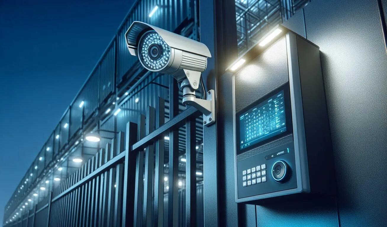 Security camera mounted on a fence with digital keypad access control at a storage facility during nighttime.