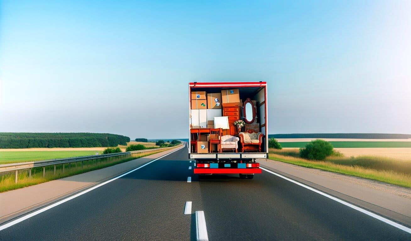 A rear view of an open moving truck filled with household items and furniture, driving on a highway through a rural landscape, signifying relocation.