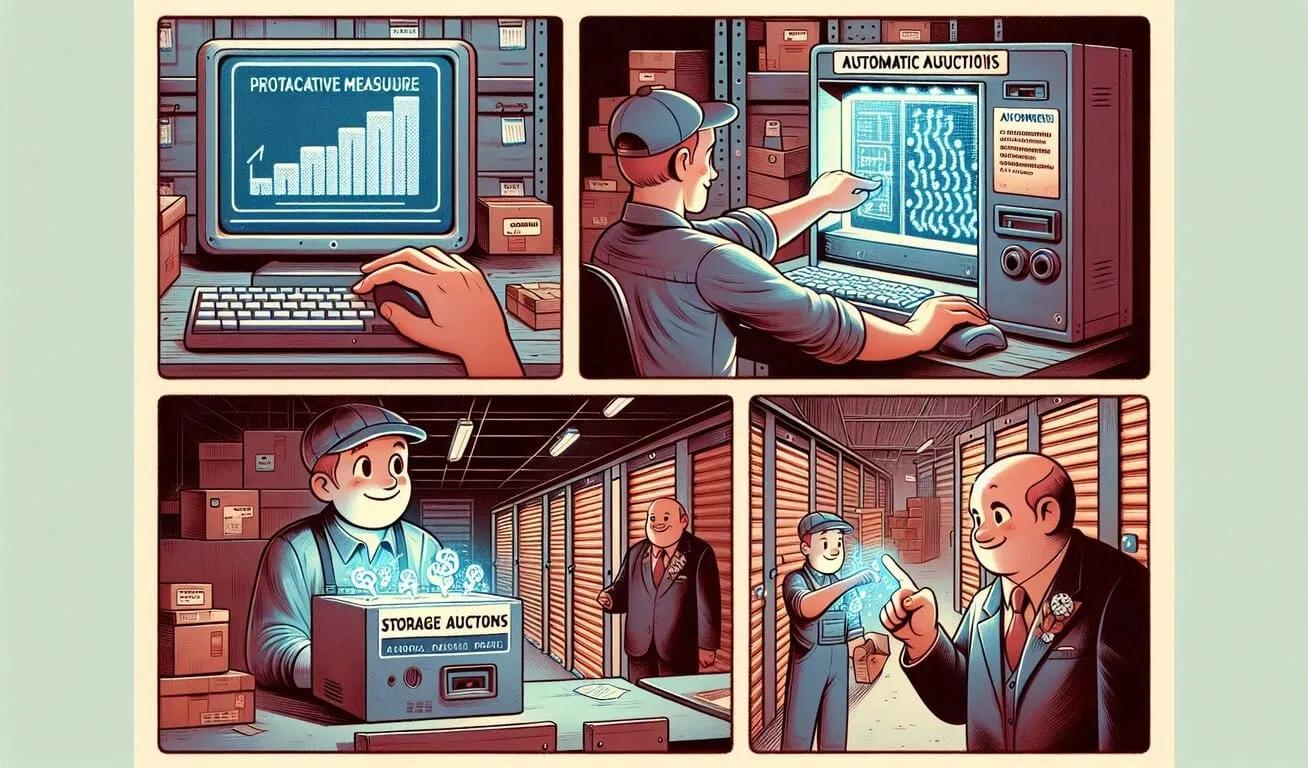 A comic strip style illustration showing four panels related to storage unit auctions, including a man at a computer, another operating an automatic auction system, a friendly auctioneer, and a buyer.