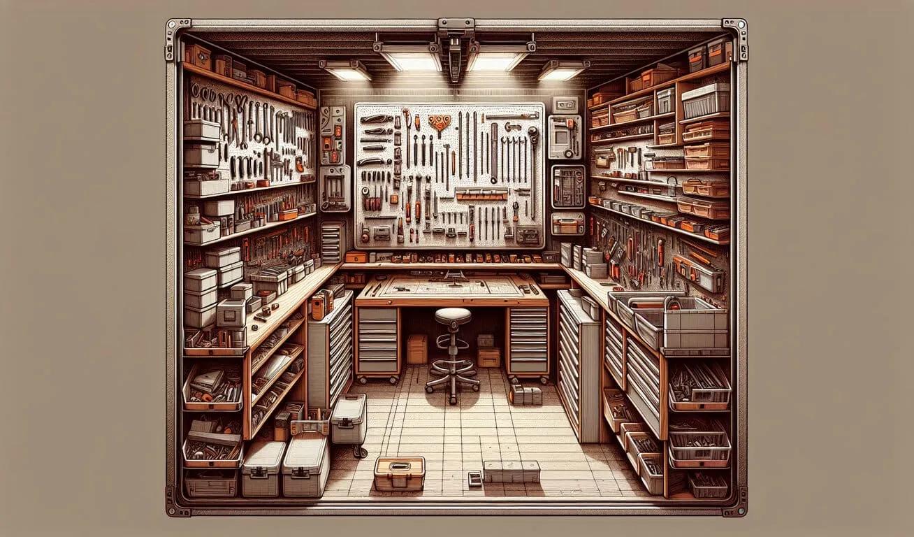 A compact and well-organized workshop inside a storage unit, featuring tools neatly arranged on pegboards, and shelves filled with boxes and containers.