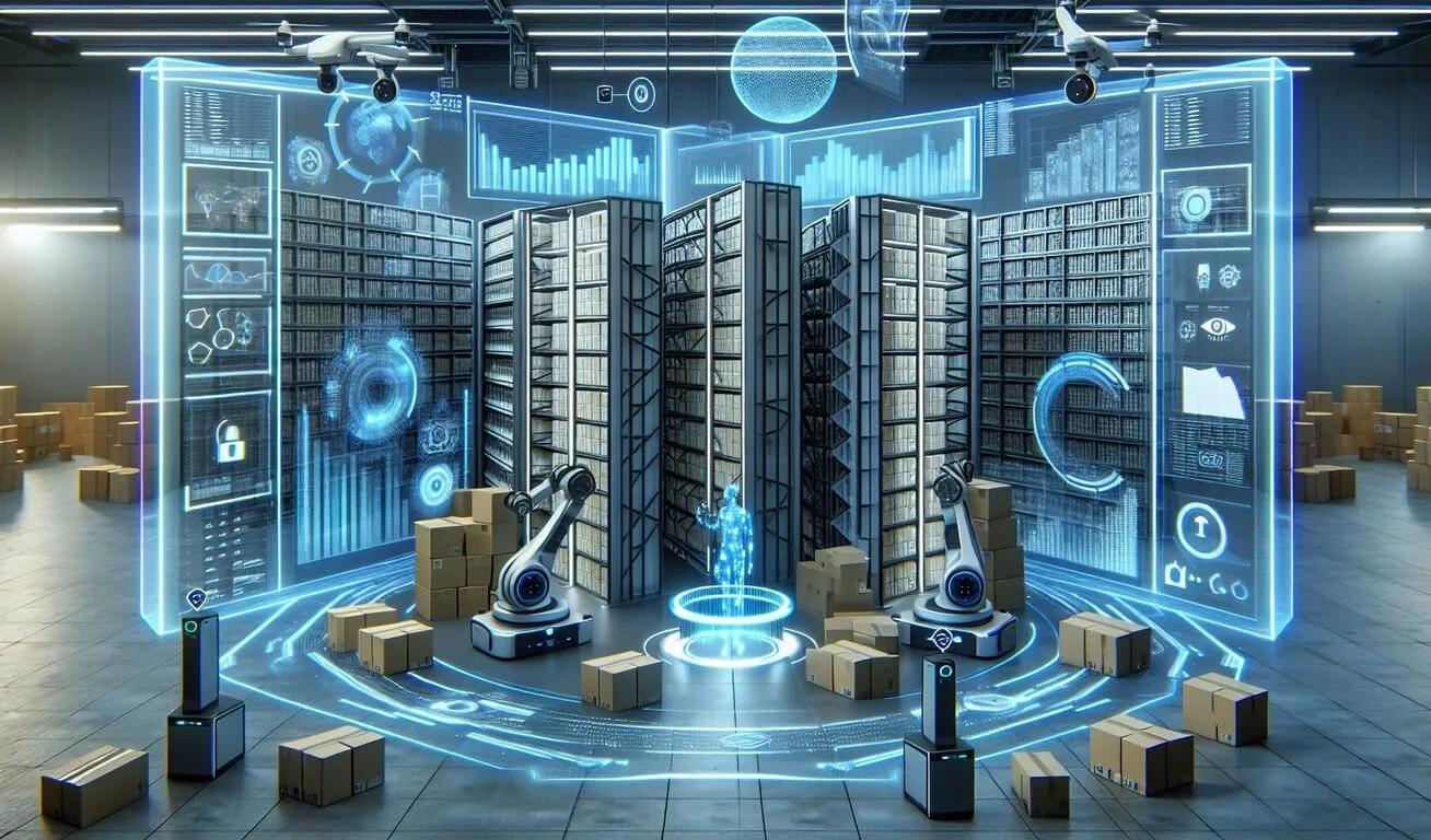 An advanced server room with holographic interfaces and automated robotic arms handling data storage tasks, set in a spacious warehouse environment.