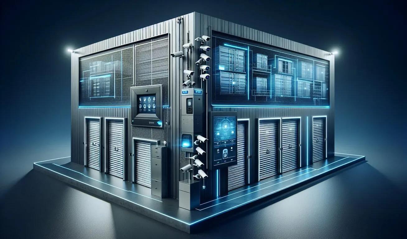 A futuristic, high-tech storage facility with multiple storage units, digital displays, and security cameras.
