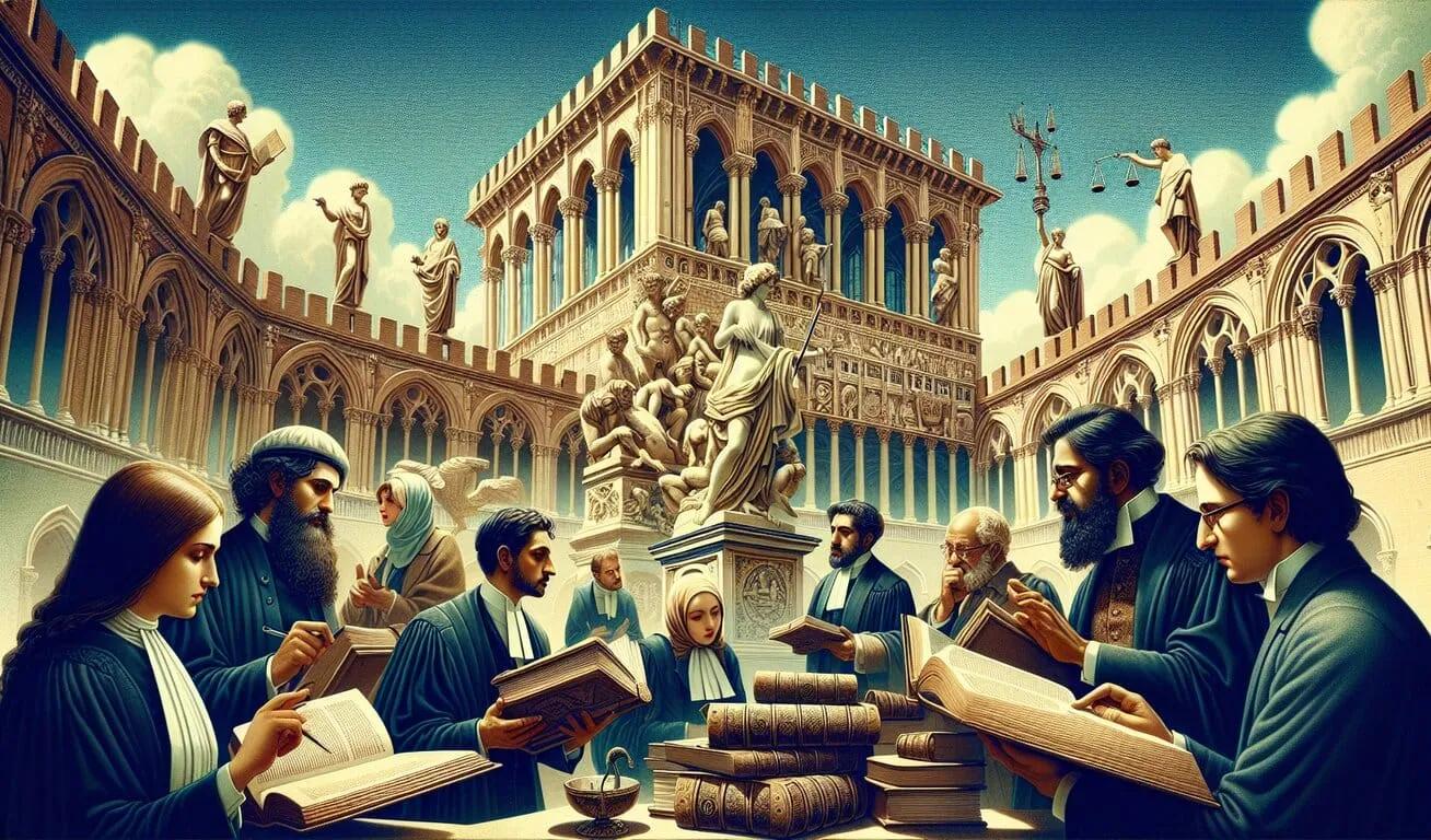 A group of scholars studying in a grand open-air courtyard with classical sculptures, columns, and an elaborate building in the background.