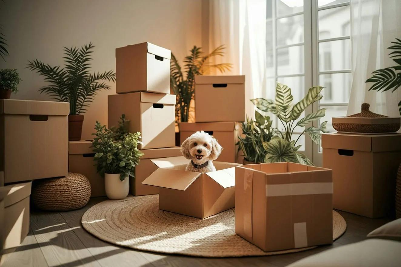 A smiling dog in a box surrounded by boxes and plants