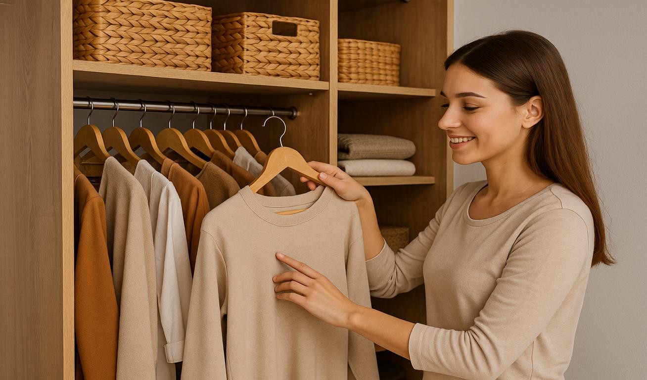 Smiling woman in beige top organizing sweaters in a wooden wardrobe with wicker baskets.