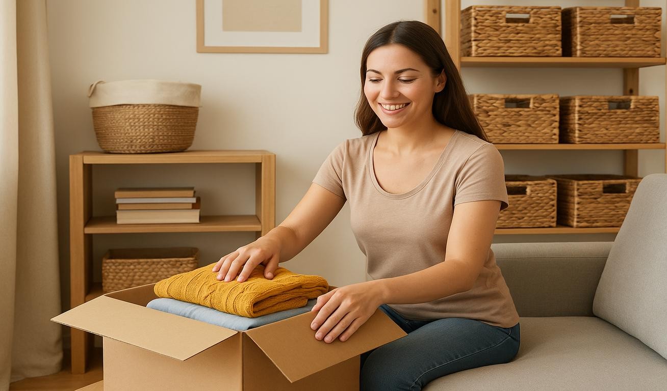 Smiling woman organizing clothes into a cardboard box in a tidy, minimalist space with wooden shelving and storage baskets