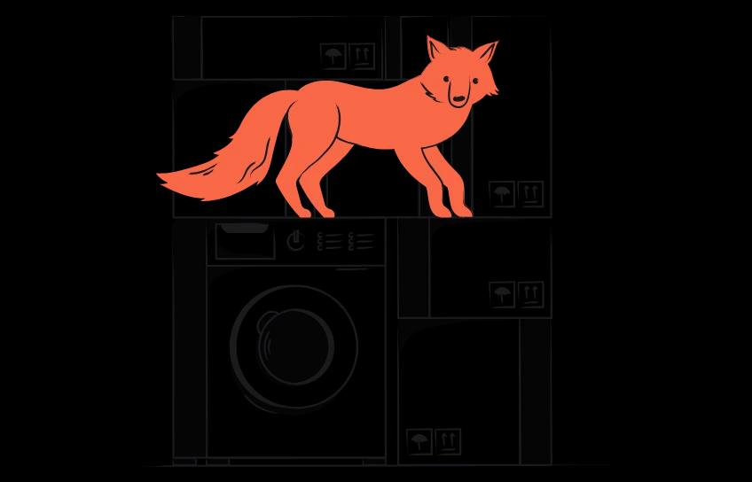 Anthropomorphic fox on a washing machine with household items
