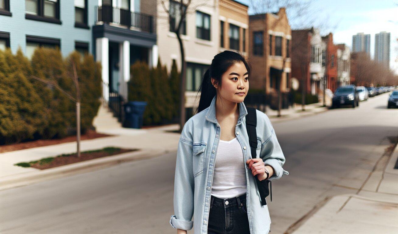 A young Asian woman wearing a casual denim jacket over a white top, with black pants and a backpack, is walking down a residential street lined with houses and parked cars.