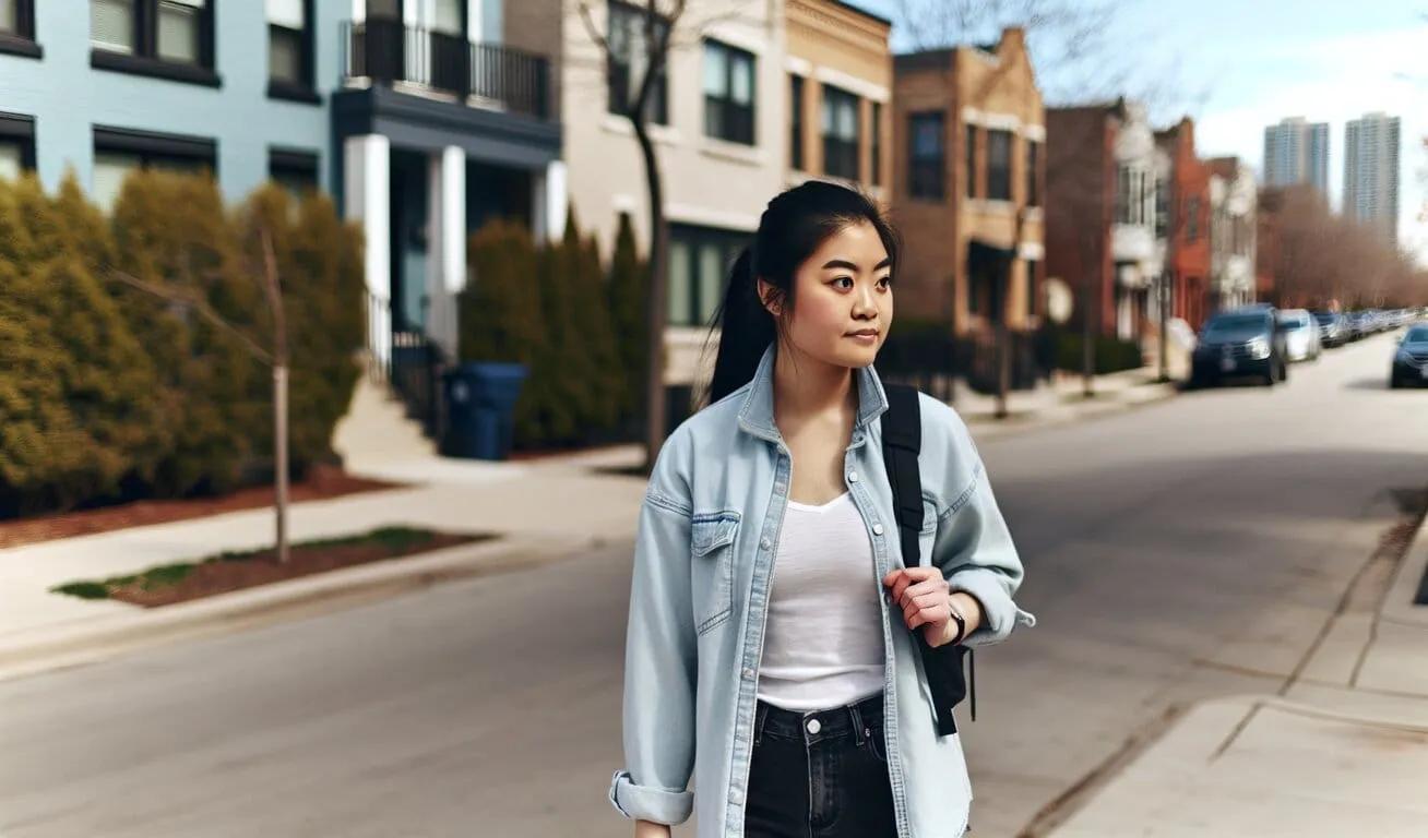 A young Asian woman wearing a casual denim jacket over a white top, with black pants and a backpack, is walking down a residential street lined with houses and parked cars.