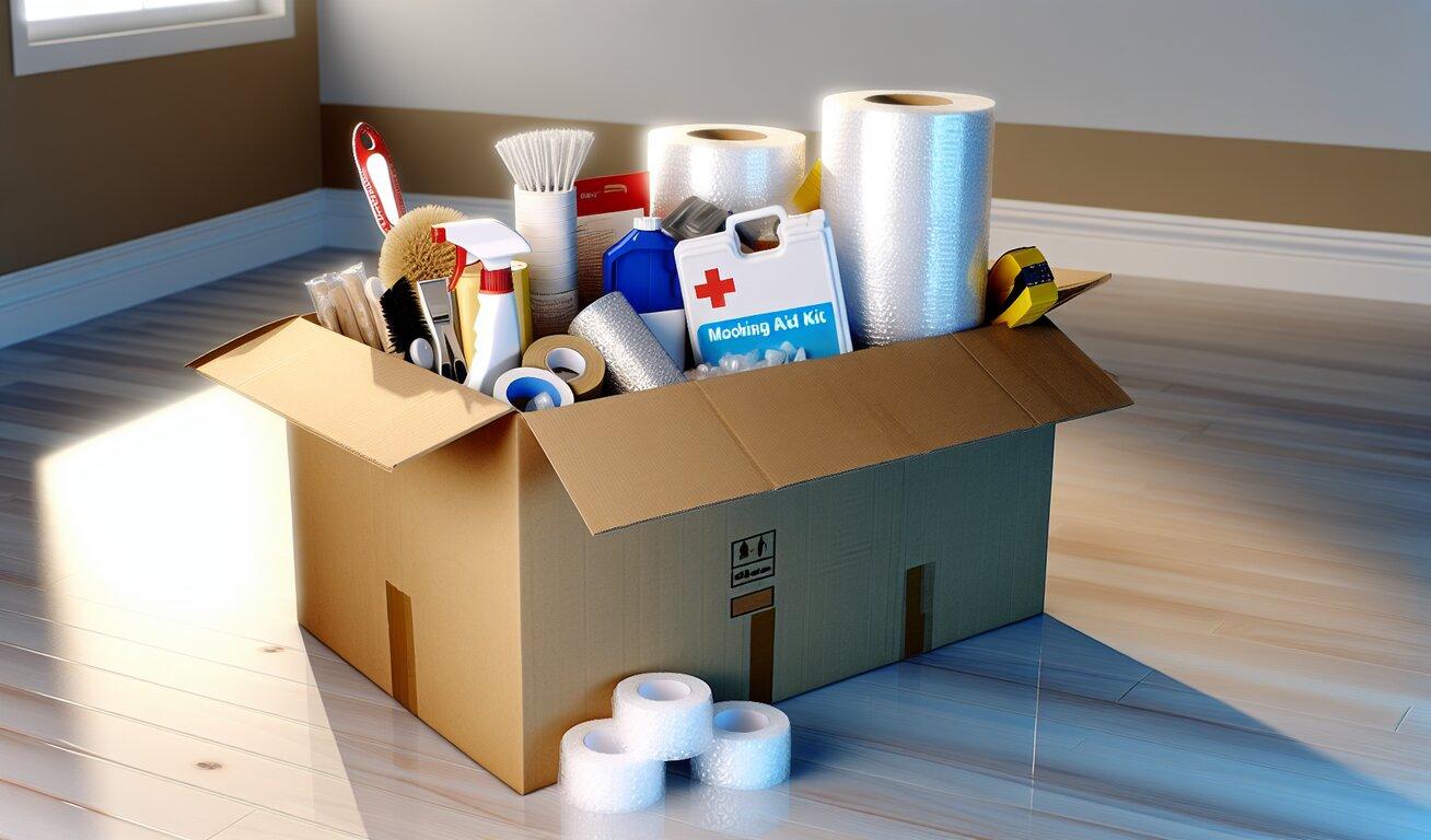  A cardboard box filled with various cleaning supplies and moving essentials, including bubble wrap, a tape dispenser, a first aid kit, and cleaning brushes, placed on a wooden floor in a brightly lit room.