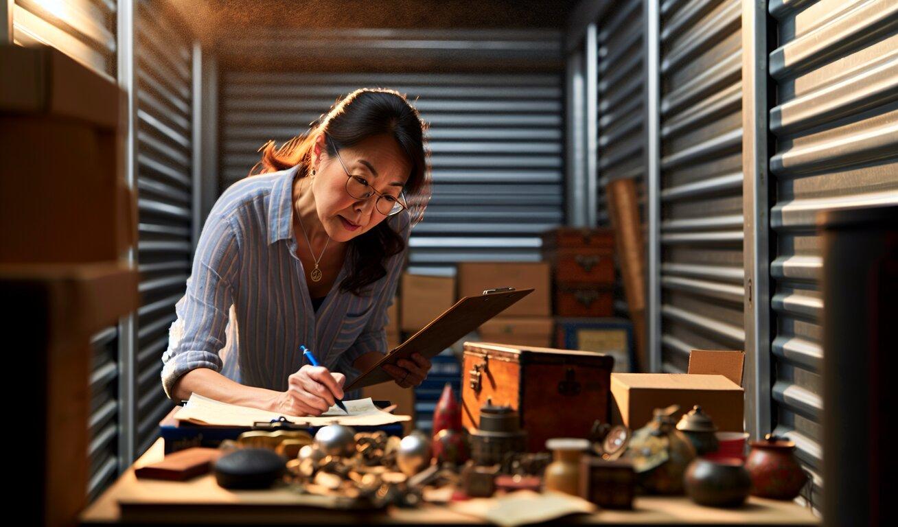 A woman with glasses inspecting items and writing on a clipboard inside a storage unit filled with various antique objects.