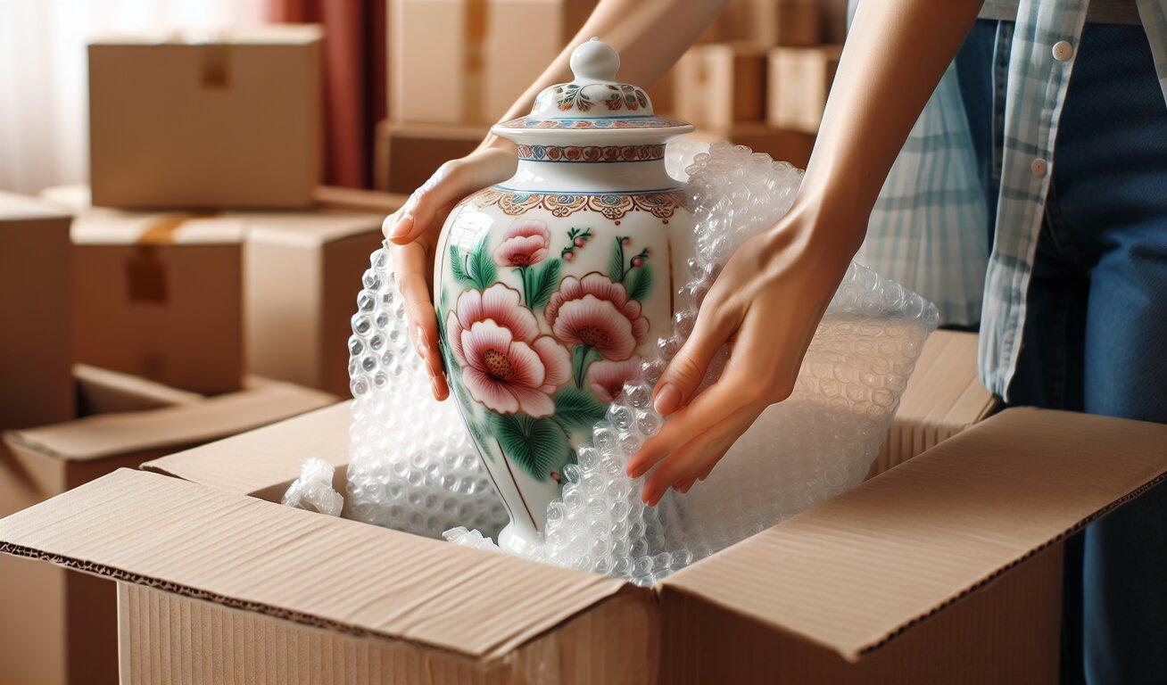 A person carefully wrapping a decorative porcelain vase with bubble wrap before placing it into a cardboard box.