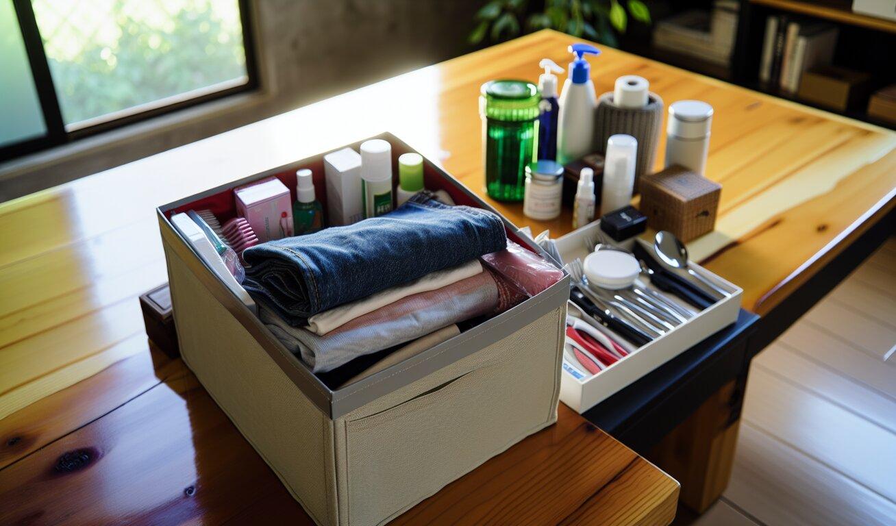 Organized fabric storage box with neatly folded clothes and toiletries on a wooden table in a bright room