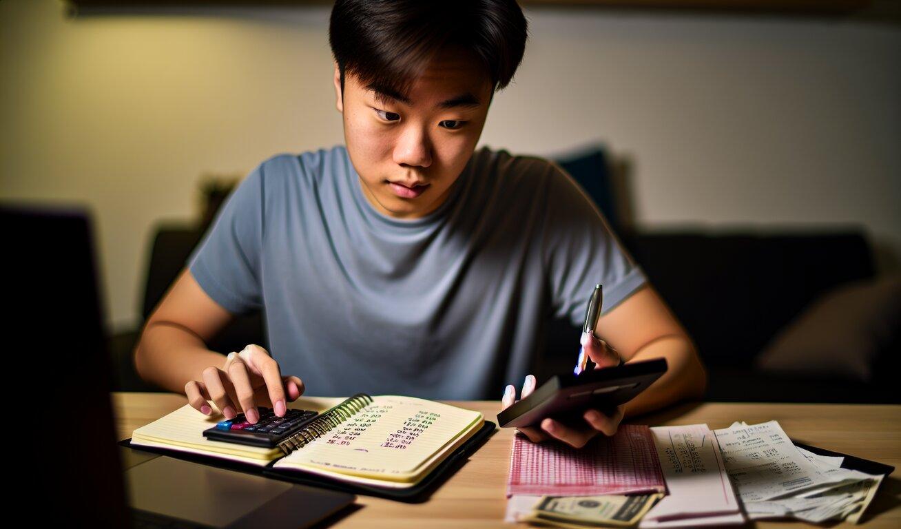 An Asian man sitting at a desk in a dimly lit room, concentrating on financial calculations using a calculator and a smartphone, with scattered bills and a notebook in front of him.