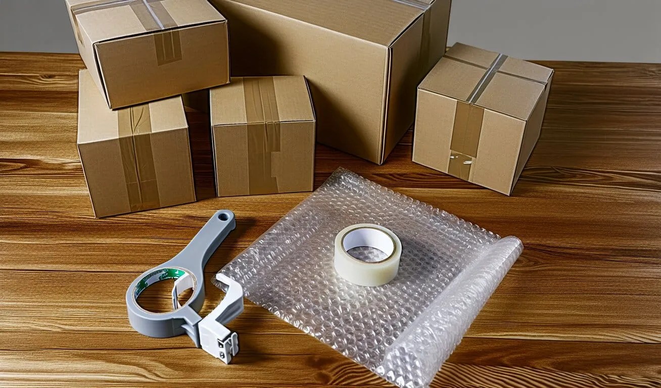 Packing materials for shipping – boxes, bubble wrap, and adhesive tape. Cardboard boxes of various sizes, bubble wrap, and packing tape with dispenser on a wooden table.