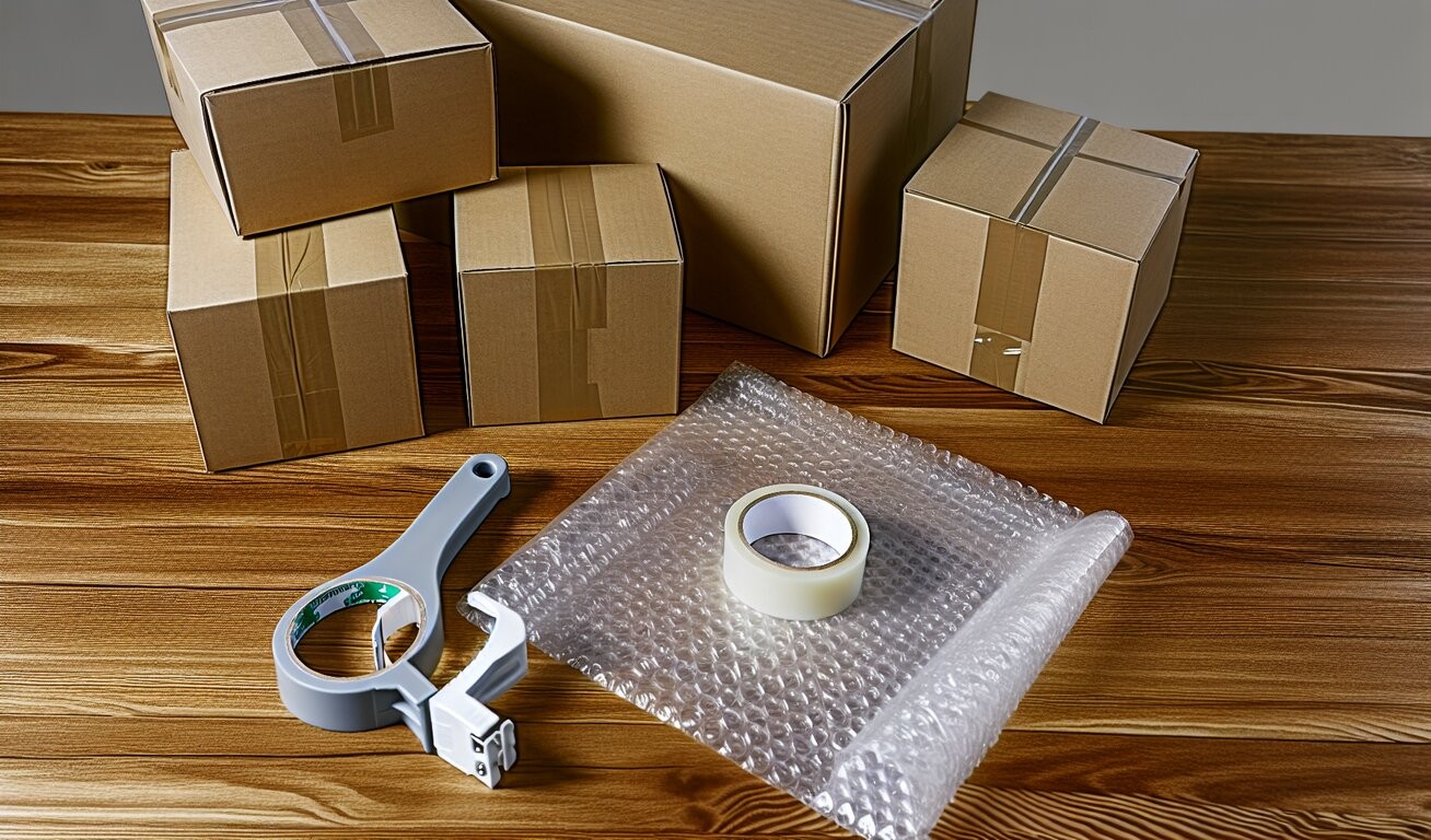 Cardboard boxes of various sizes, bubble wrap, and packing tape with dispenser on a wooden table.
