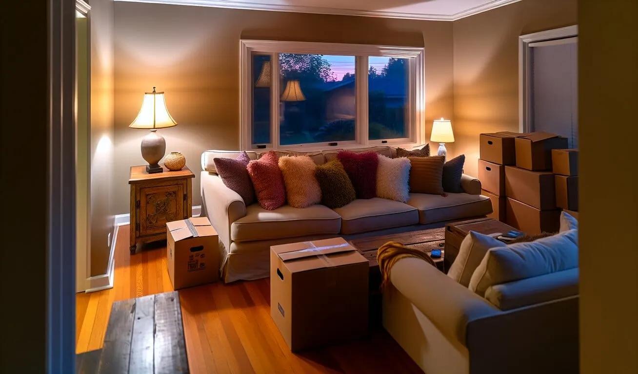 A cozy living room in the evening with multiple packed moving boxes, a couch with colorful cushions, and a warm lamp illuminating the space, indicating a moving scenario.
