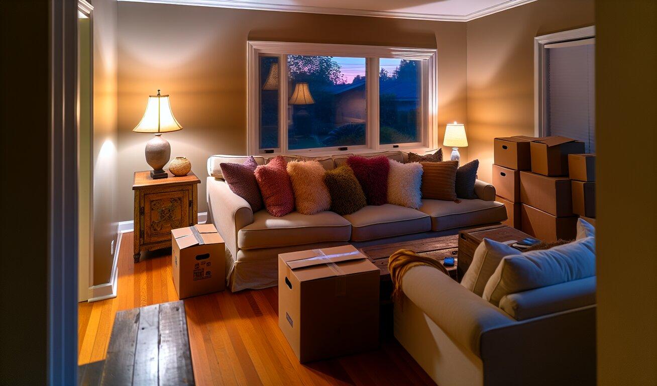  A cozy living room in the evening with multiple packed moving boxes, a couch with colorful cushions, and a warm lamp illuminating the space, indicating a moving scenario.