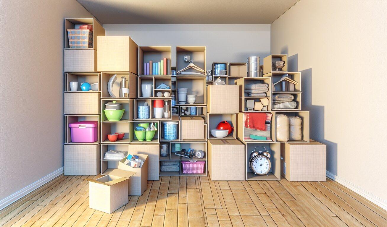 An organized storage system with various household items neatly arranged on shelves and in cardboard boxes in a room with wooden flooring.