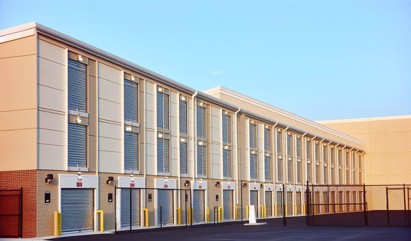 Exterior view of a modern self-storage facility with multiple storage units and roll-up doors during the day.