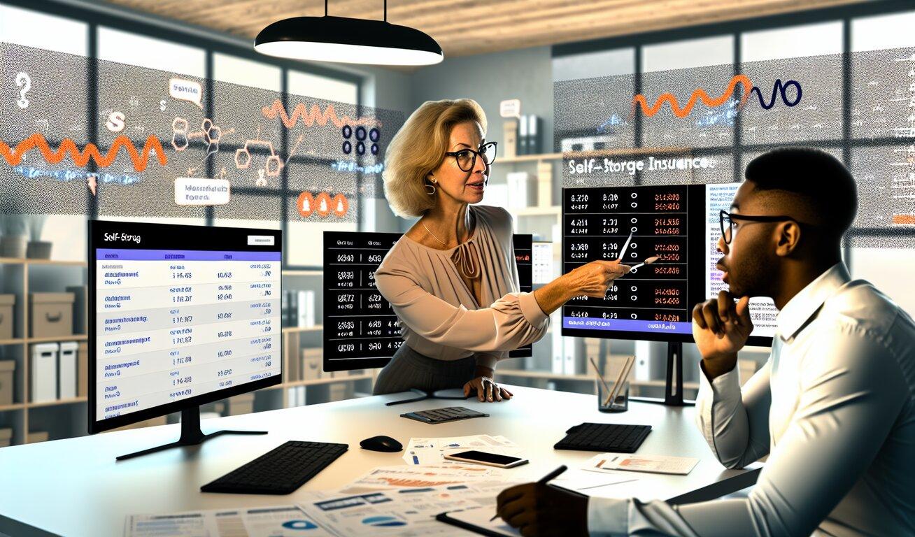 An office scene with a woman pointing to digital screens displaying financial graphs and storage unit data, with a man listening attentively.