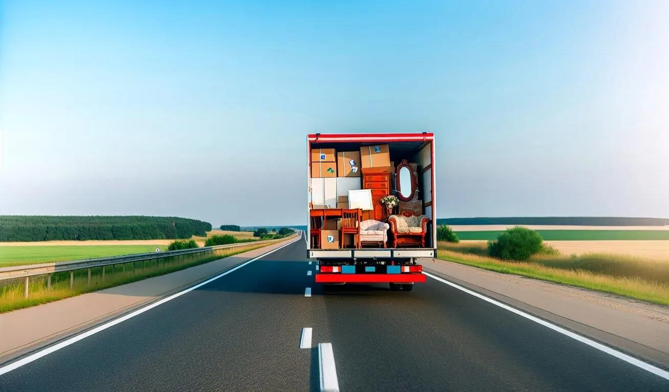 A rear view of an open moving truck filled with household items and furniture, driving on a highway through a rural landscape, signifying relocation.