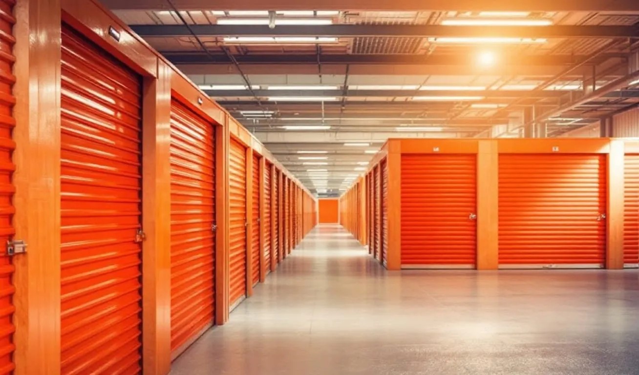 Modern Self-Storage Facility with Bright Orange Doors A spacious and well-lit self-storage facility with rows of orange roll-up doors, reflecting an organized and secure storage environment.