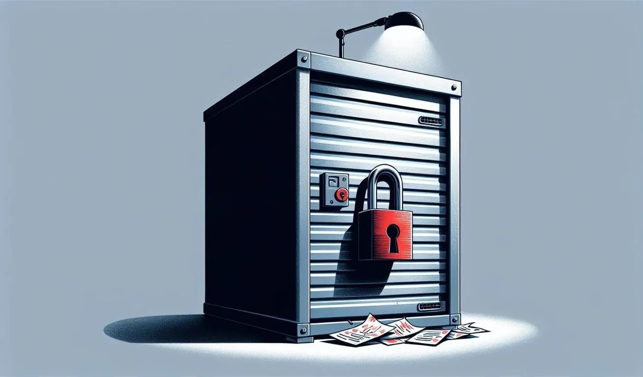 Sealed storage unit "A graphic image of a storage unit styled as a safe with a padlock and overdue bills scattered on the ground, all against a plain, shadowed background.
