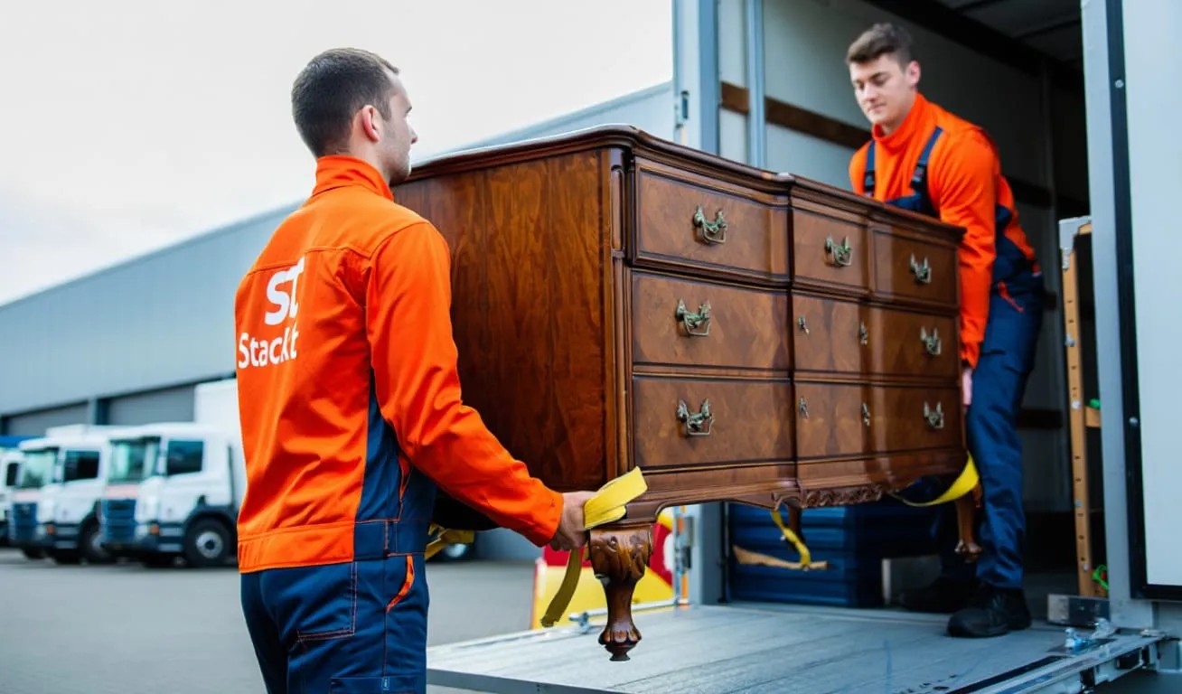 How to Choose a Reliable Moving and Storage Company. Client discussing checklist with moving company rep near plain truck and boxes.