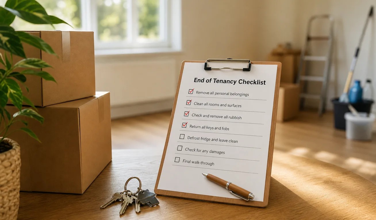 End of Tenancy Checklist End of tenancy checklist on a clipboard next to house keys and cardboard boxes in a bright nearly empty flat