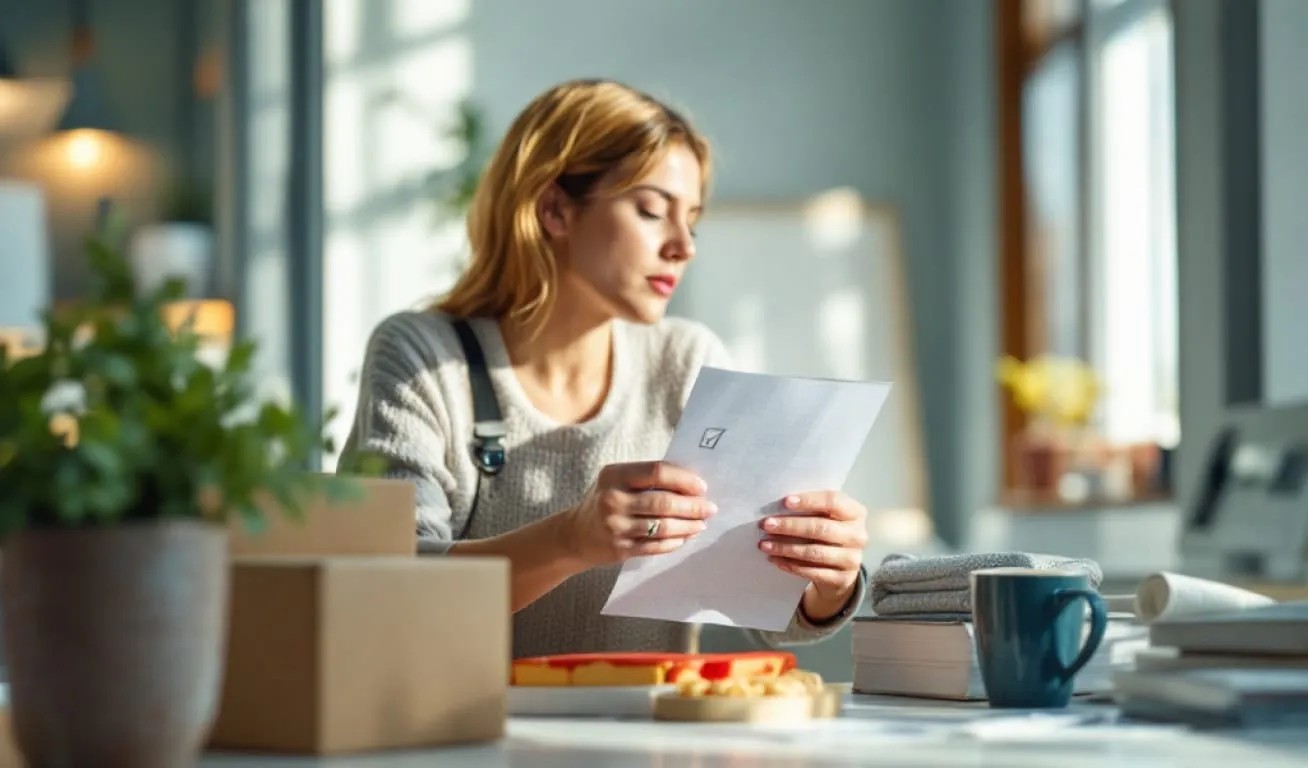 Focused Woman Checking a Document at a Home Office A young woman in a light sweater reviews a document at a home office desk with boxes, books, and a coffee mug. Sunlight streams through large windows.