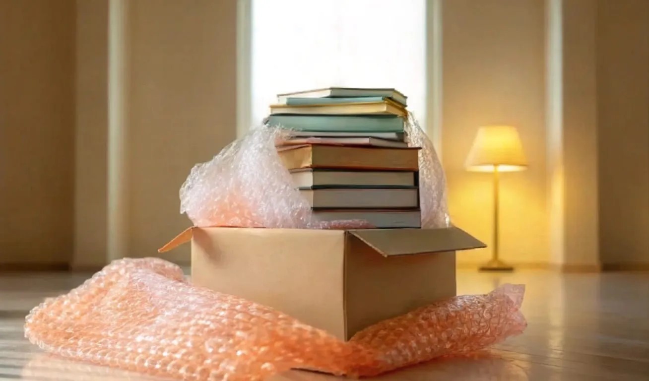 Books Packed for Moving or Storage in a Cardboard Box A stack of books wrapped in bubble wrap, placed inside an open cardboard box on the floor, with soft natural lighting and a lamp in the background.
