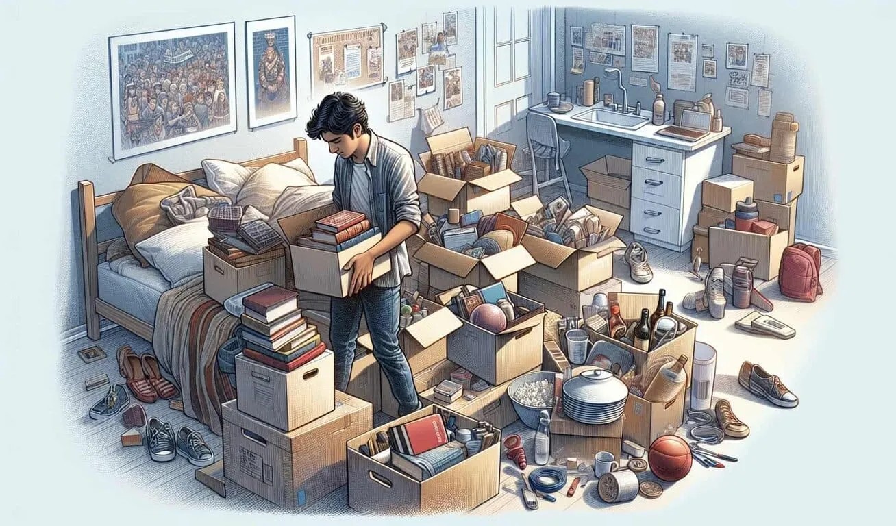 A young person thoughtfully packing belongings into boxes in a room full of various items, signifying the process of moving or storing personal possessions A student in a cluttered room filled with boxes, books, and various belongings, highlighting the need for external storage solutions.
