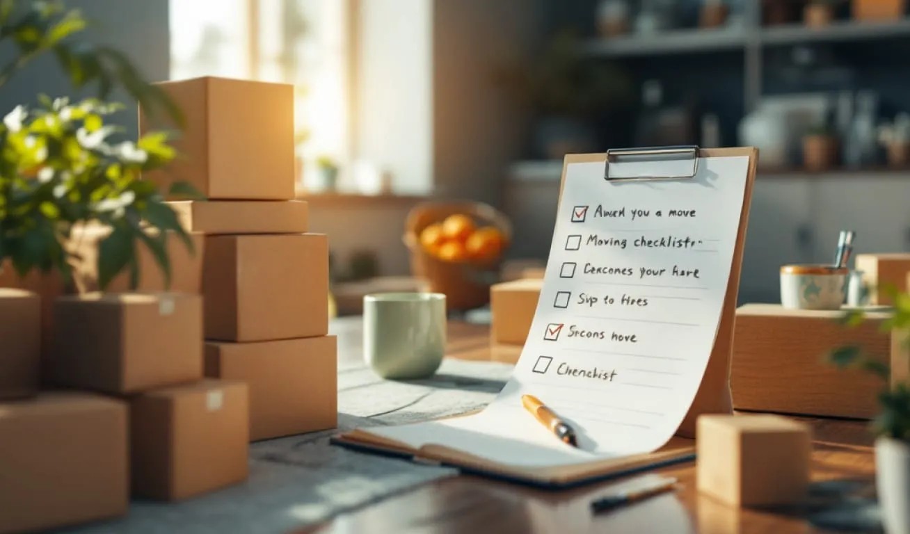 Moving Day Organization - Checklist and Packing Boxes A moving checklist on a clipboard next to stacked cardboard boxes on a wooden table, with sunlight streaming through a window and a houseplant visible in the background