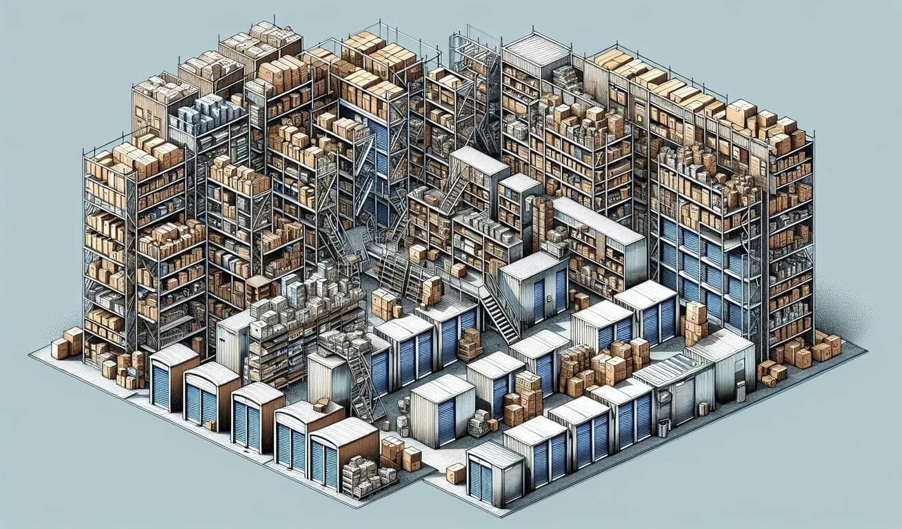 Complexity and Efficiency in Storage Isometric illustration of a densely packed warehouse with multiple levels of shelving filled with boxes, crates, and goods. Staircases and walkways crisscross between shelves for access.