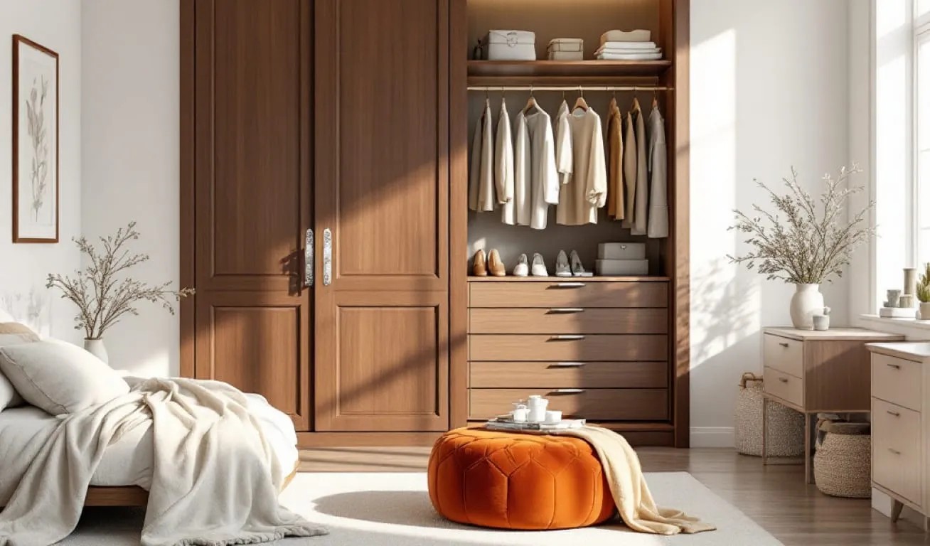 Modern bedroom design featuring warm wooden accents and a functional wardrobe Cozy bedroom with a wooden wardrobe, orange ottoman, and elegant decor