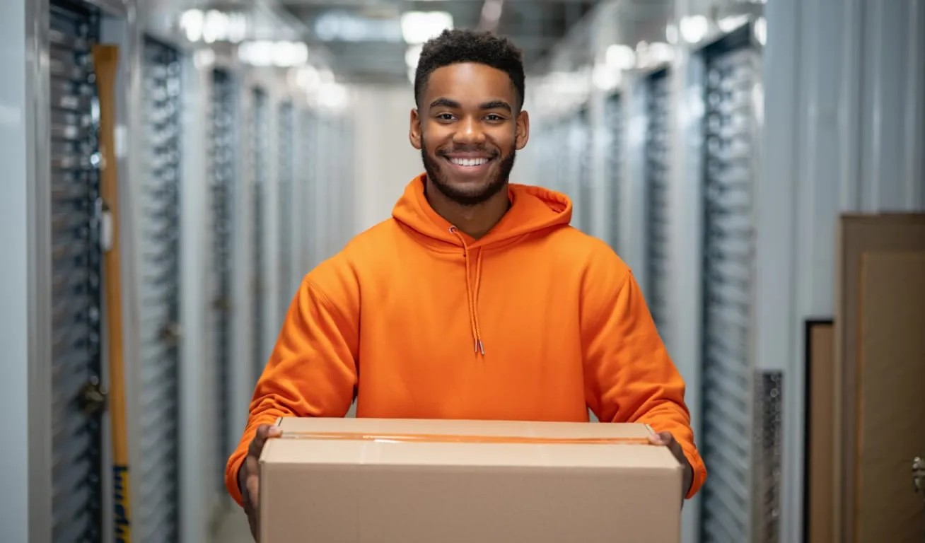 Young couple packing boxes for a budget-friendly move. A young woman in a light sweater reviews a document at a home office desk with boxes, books, and a coffee mug. Sunlight streams through large windows.