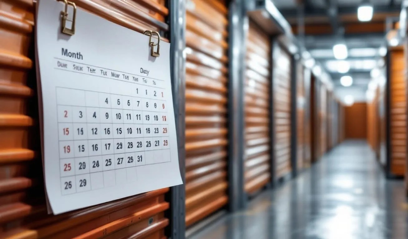 Calendar in a Self-Storage Facility A calendar hangs on an orange storage unit door in a well-lit self-storage facility with multiple units in the background.