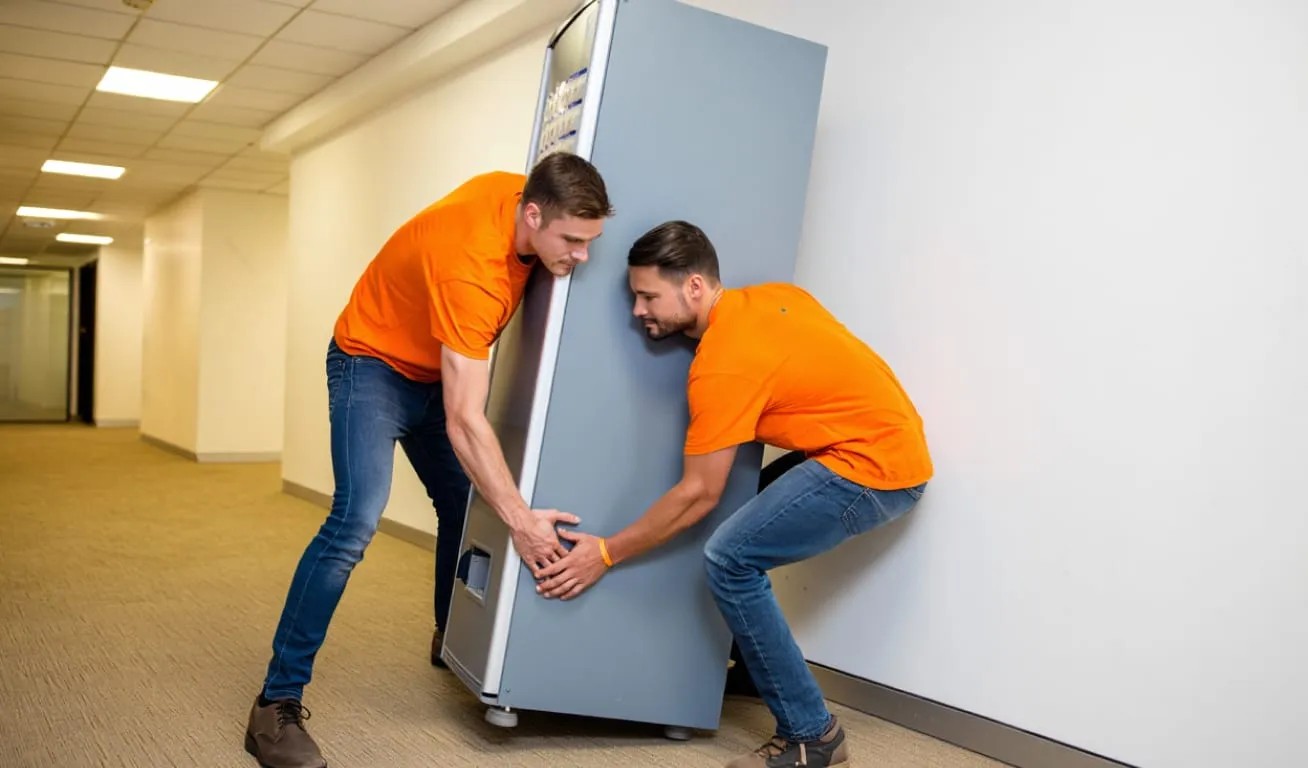 Professional Movers Transporting Heavy Appliance Two movers wearing orange shirts carefully lifting and moving a large appliance down an office hallway.