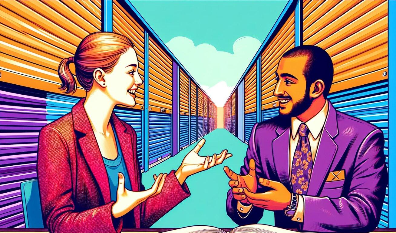 An illustrated image of a woman and a man having a cheerful conversation in a hallway lined with colorful storage units.